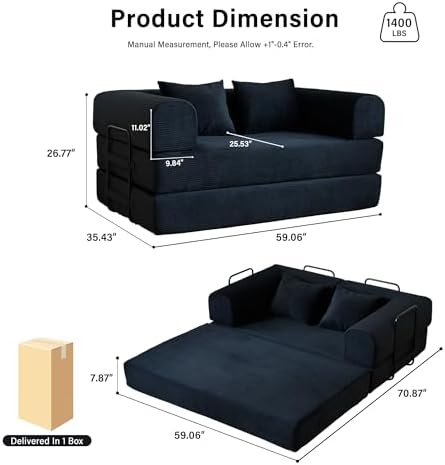 59" Convertible Sofa Bed, Boneless Sleeper Futon Couch for Small Spaces