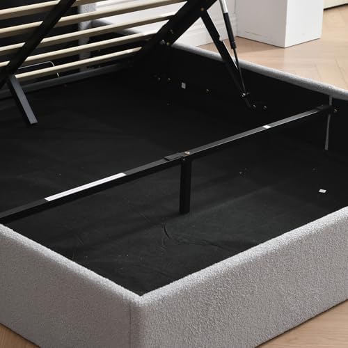 VELOCAVA Queen Size Lift-Up Storage Bed, Upholstered Boucle Bed with Curved Headboard, Rounded Corners, Sturdy Wooden Slat Support, No Box Spring Needed, Easy Assembly, Light Gray