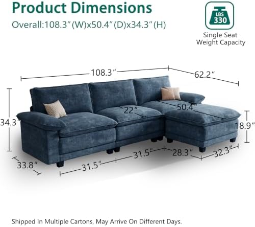 108" Modular Sectional Couch, L Shaped Cloud Sofa for Living Room
