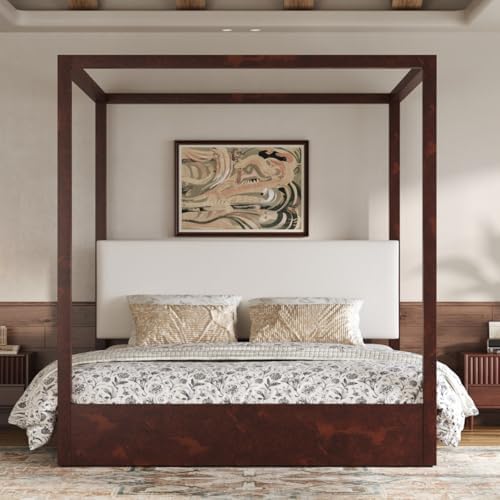 King Size Canopy Bed with Upholstered Headboard (Espresso)