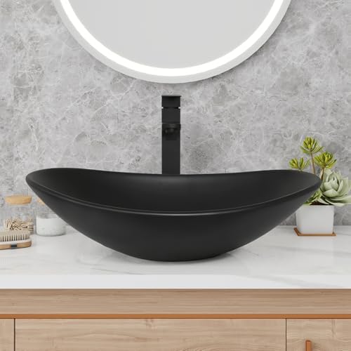 48" Bathroom Vanity with Sink, White Modern Freestanding Bathroom Vanity Cabinet with Marble Texture Top and 4 Drawers, Two Black Boat Ceramic Vessel Sinks