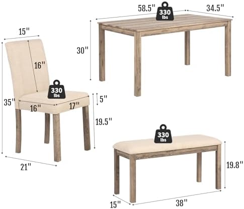 Zevemomo 6-Piece Solid Wood Dining Table Set, Wooden Legs Table Set, Brown