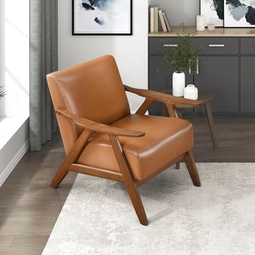 Lexicon Faux Leather Accent Chair with Walnut Wood Frame, Brown