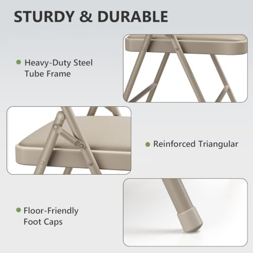 Folding Chairs 8 Pack, PU Leather Padded Folding Chairs for Outside and Indoor, Heavy Duty Portable Foldable Metal Commercial Seat for Home Office, Dorm, Party, Backyard, Lawn, Patio, Khaki