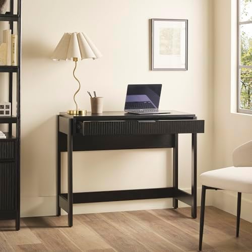 Walker Edison Transitional Office Design, Reeded Drawer Front Detail, Writing Desk with Drawer, Spacious Desktop, Complementary in Living Spaces, 38 Inch, Black