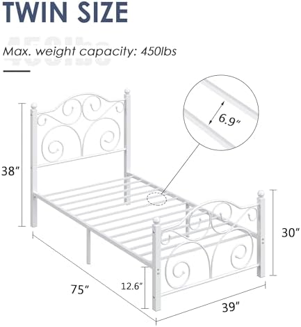 VECELO Twin Size Bed Frame with Headboard and Footboard, Heavy Duty Metal Slat Support, Platform Mattress Foundation, No Box Spring Needed, Easy Assembly, White