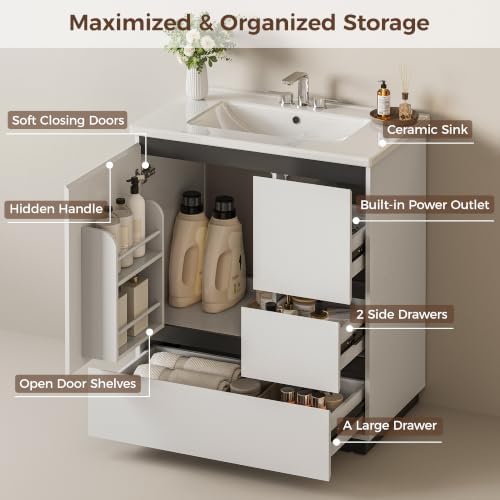 IRONCK 30-Inch Bathroom Vanity with Ceramic Sink, Modern (White) | Power Outlet | Freestanding | Divided storage | Hiddle Handle | Soft-Close Hinges