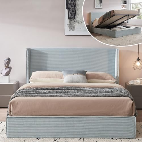 Queen Lift Up Storage Bed, Corduroy Platform Bed with Headboard, Light Blue