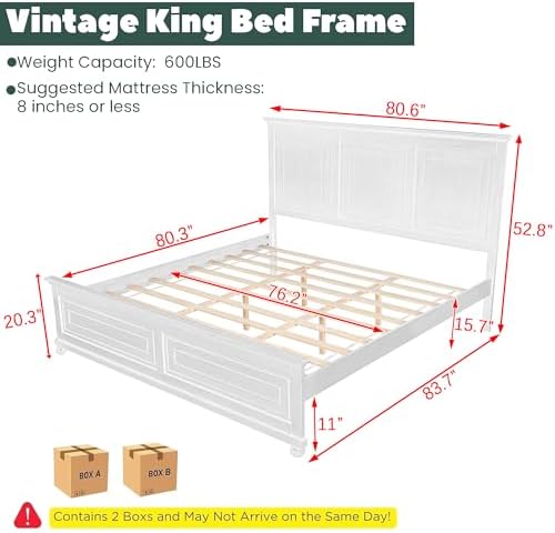 Farmhouse King Size Bed Frame with Tall Headboard & Footboard,Wooden King Bed Frame with Wood Panel Bed Base, No Squeak, No Box Spring Needed, White