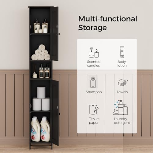 Homleke Tall Bathroom Storage Cabinet with 2 Doors, Slim Bathroom Cabinet | Narrow Storage Cabinet with Adjustable Shelves, Reversible Door, Easy Assembly, for Bathroom, Living Room, Black, 11.8''W
