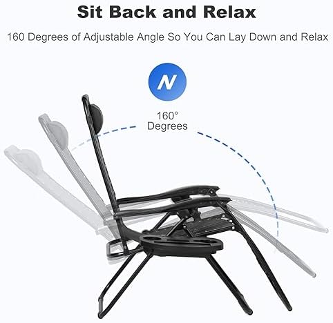 Nazhura Set of 2 Relaxing Recliners Patio Chairs Adjustable Steel Mesh Zero Gravity Lounge Chair Beach Chairs with Pillow and Cup Holder Black