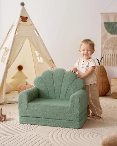 Blissful Diary Foldable Kids Couch, 2-in-1 Kids Sofa Chair, Green Shell