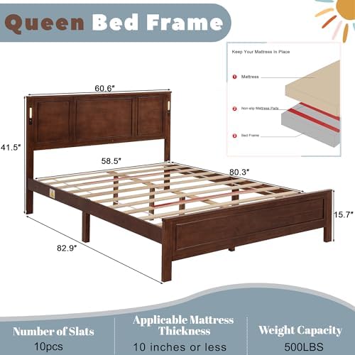 Queen Bed Frame with Tall Headboard & Footboard, Farmhouse Solid Wood Platform Bed Frames Queen Size with LED Lights & USB Charging Station,No Box Spring Needed, Walnut