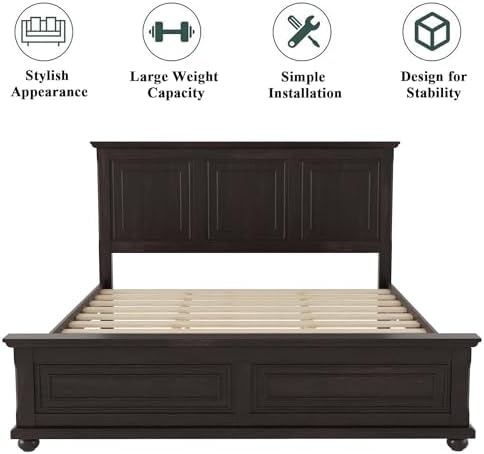 Wood Bed Frame King with Tall Headboard & Footboard, Traditional King Panel Bed with USB Charging Station for Bedroom, Guest Room, Easy Assembly, No Box Spring Required,Brown