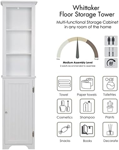 UTEX Tall Bathroom Storage Cabinet with Doors & Adjustable Shelves, White | 3 Open Shelves, 2 Adjustable Interior Shelf, Beadboard Door, FSC-Certified Wood, Anti-Tip Device, 64-Inch Tall Linen Tower