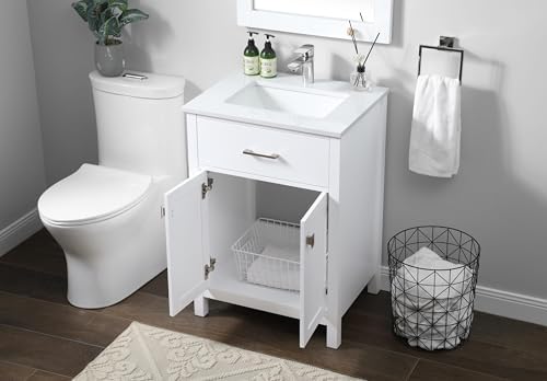 24" Pre-Assembled Bathroom Vanity with Sink, Engineered Wood, Calacatta White Engineered Marble Countertop Attached, Single Rectangle Porcelain Sink, White