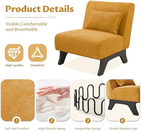 Upholstered Armless Accent Chair Set of 4,Modern Comfy Living Room Chairs with Wooden Legs& Pillows,Lounge Sofa Side Chair for Bedroom Farmhouse Reading (4 PCS, Yellow)