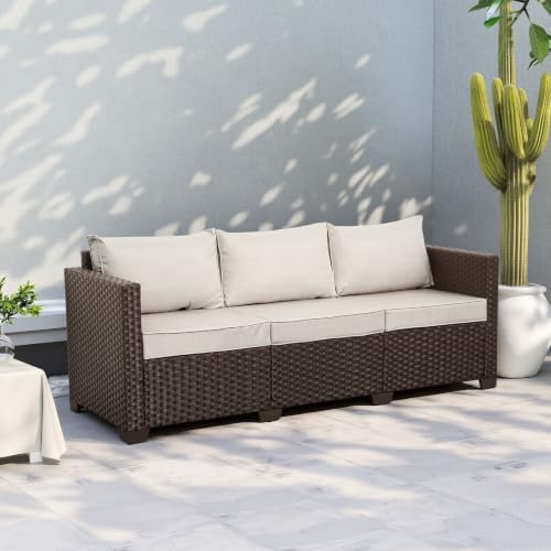 Rattaner 3-seat Patio Sofa Outdoor Furniture Brown Wicker Outdoor Couch Deep Seat High Backrest with Anti-Slip Cushions with Waterproof Cover, Beige