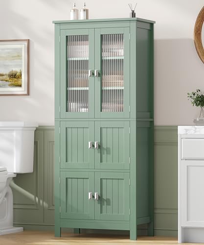 Akxomel 53.1" Tall Bathroom Cabinet 6 Doors Linen Floor Storage Cabinet | Bathroom Floor Cabinet with Adjustable Shelf, Pantry Cabinet for Living Room, Kitchen, Entryway, Green
