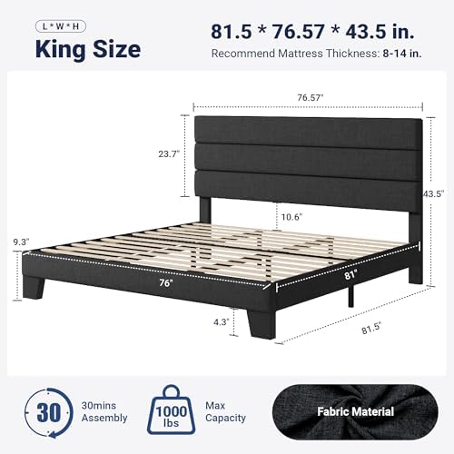 Allewie King Size Platform Bed Frame with Fabric Upholstered Headboard Gray
