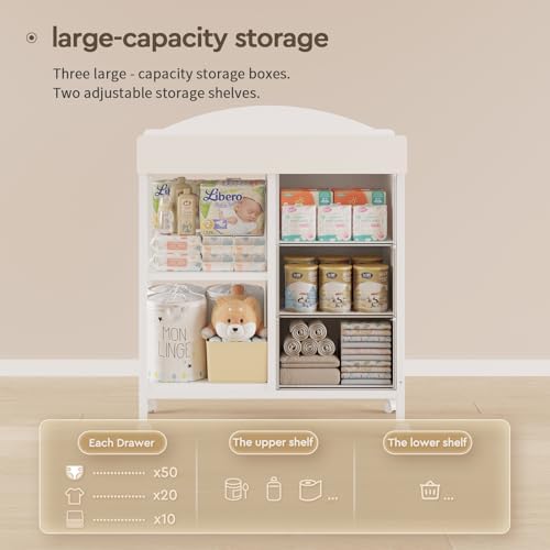 Yetom Changing Table, 3 Drawers&2 Shelves, Changing Table Dresser, White
