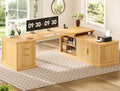 SEDETA Fluted 70.9" L Shaped Desk with Drawers, Fluted Oak