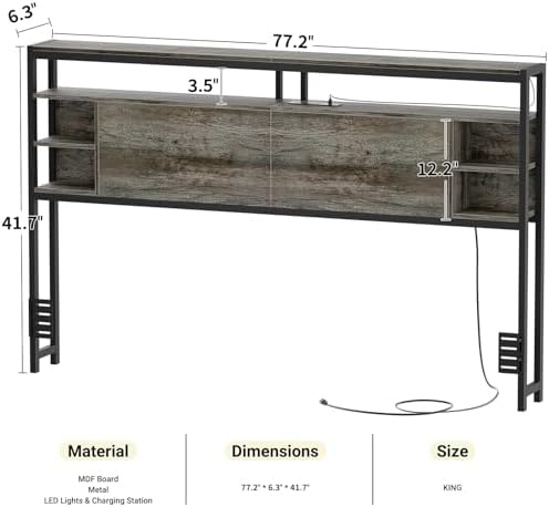 Unikito King Size Headboard with Storage, Headboards with Outlets and RGB LED Light, Sturdy Head Board for King Size Bed, Stable Only for Bedroom, Dorm Room, Guest Room, Black Oak