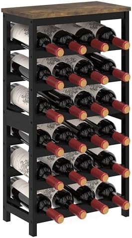 MOGELAFOO 6 Tier Bamboo Wine Rack Freestanding Floor, 24 Bottles Wine Storage Shelves with Table Top, Stackable Wine Display Rack for Kitchen, Bar, Dining Room, Rustic Brown and Black