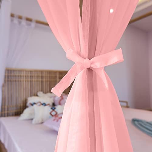 Linentalks Sheer Canopy Bed Curtains for King, Queen, Full and Twin Bed, 4 Corner Bed Canopies & Drapes, Four Poster Bed Canopy Curtains Beds, Sheer Curtains for Canopy Bed Drapes, Pink