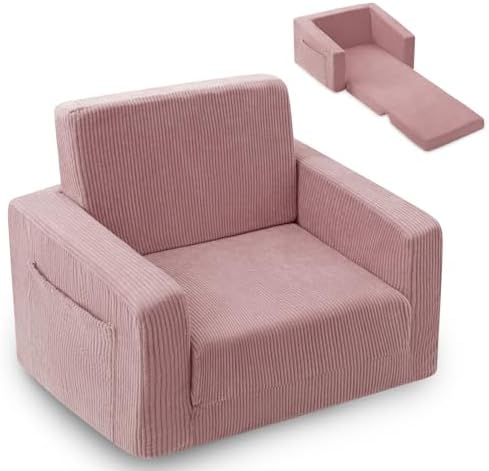 2-in-1 Kids Chair and Couch, Cozy Corduroy Kids Sofa, Pink