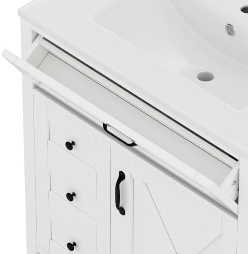 YOPTO 30" Bathroom Vanity with Sink, Freestanding Bathroom Cabinet | Ceramic Top & Backsplash, 3 Storage Drawers, 1 Tilt-Out Storage, Adjustable Shelving, Door Storage and Towel Bar, White