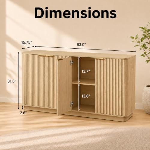 USHOWER 63" Fluted Buffet Cabinet with Storage, Wooden Sideboard, Oak