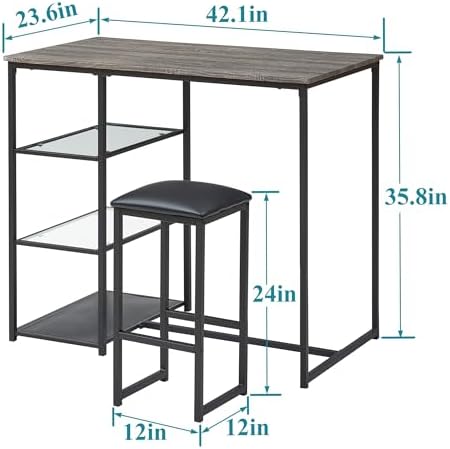 VECELO Dining Table Set for 2 with 3 Storage Shelves,Counter Height Kitchen Table and Chairs with Pu Cushion Chairs & Wood Top for Small Space,Dining Room,Apartment，Gray