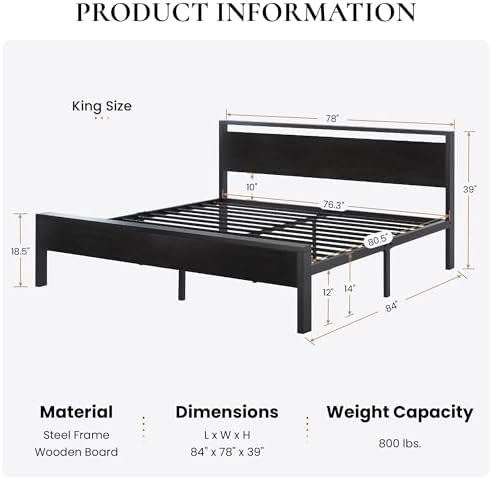 SHA CERLIN 14 Inch King Size Metal Platform Bed Frame with Wooden Headboard and Footboard, Mattress Foundation, No Box Spring Needed, Large Under Bed Storage,Black Oak