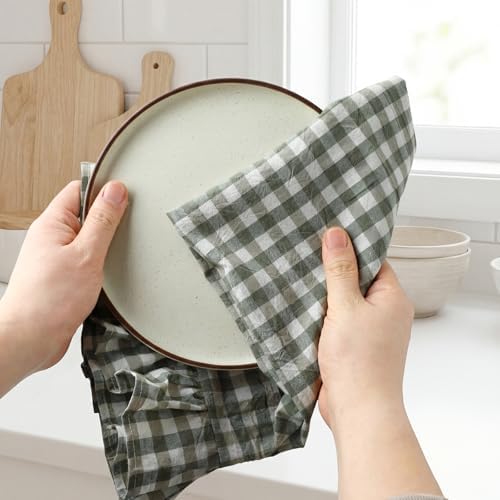 HunnmingRe 4 Pcs Sage Green Gingham Kitchen Towels Cotton Ruffled