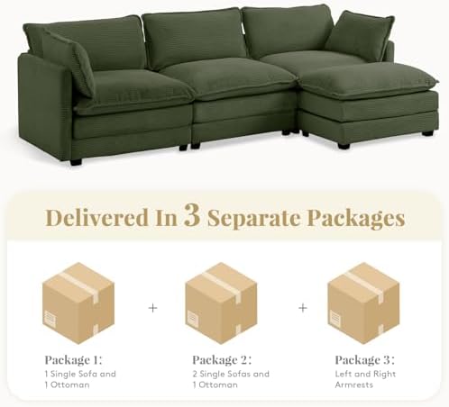 ROWHY 112'' Modular Sectional Cloud Couch with Movable Ottoman, 4 Seat Modern Corduroy Sofa, Deep Seat L Shaped Couch for Living Room Bedroom Apartment,Green