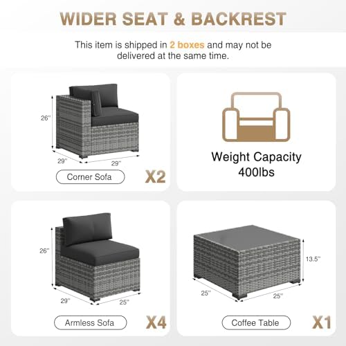 Aoxun Patio Furniture Sets, 7-Piece Outdoor Patio Furniture with Thick Cushions, Wicker Outdoor Conversation Set Sectional Sofa for Backyard, Poolside, Garden (Black-Grey, 7 x 25.2 - Seats)