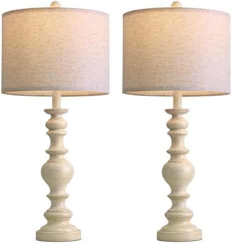 BOBOMOMO 27" Antique White Table Lamps Set of 2, Large Vintage Resin Lamps with Linen Shades, Farmhouse White Lamps for Bedroom, Living Room, or Console Table Elegant Home Décor