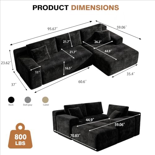 96'' L-Cloud Sectional Boneless Couches for Living Room, Black