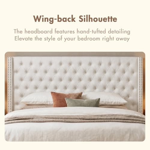Madison Park King Wingback Upholstered Tufted Headboard, Featuring High-Density Sponge Padding, Adjustable Height Headboard, Easy Assembly, Beige Velvet