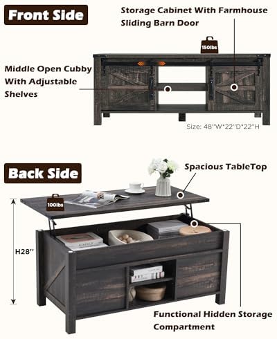 OKD 48" Farmhouse Lift Top Coffee Table, Sliding Barn Door, Dark Rustic Oak