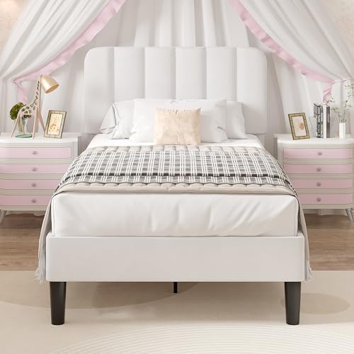 VECELO Twin Size Bed Frame with Upholstered Headboard, Velvet Platform Bedframe Mattress Foundation, Strong Wood Slat Support, No Box Spring Needed,White
