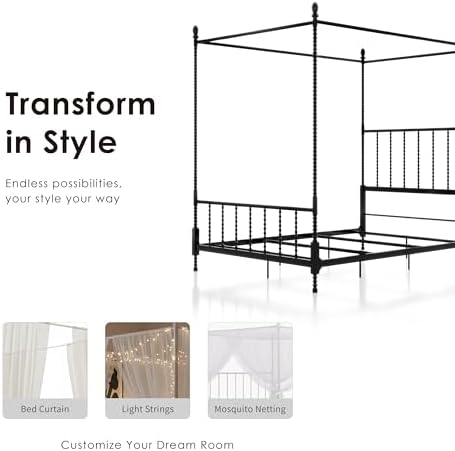 Furniture of America Vaeli Modern Metal Queen Size Four Poster Bed Frame with Spindles, Canopy Bedframe for Bedroom, Guest Room, Box Spring Required, Black