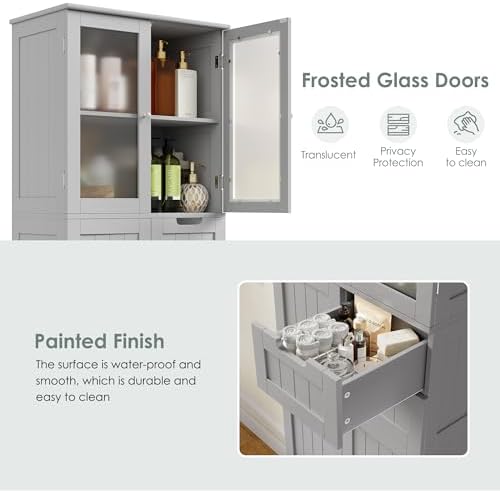 BOTLOG 67'' Tall Bathroom Storage Cabinet with Adjustable Shelf | Frosted Glass Doors, Wood Drawers, Kitchen Pantry Line Cabinet for Kitchen Bathroom, Living Room, Grey