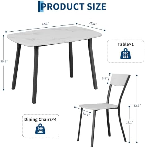 Garvee 5 Piece Dining Table Set for 4 with Trapezoid Back Chairs, White
