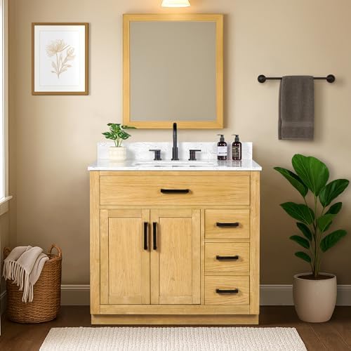 36-inch Natural Oak Bathroom Vanity with Sink, Solid Wood, 0.79-inch Stone Countertop and Backsplash, 4 Drawers, 2 Soft Closing Doors