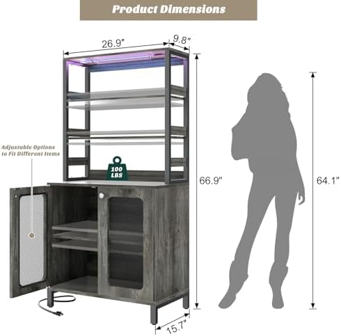 Aheaplus Bar Cabinet with Power Outlets,67" Tall Wine Bar Cabinet,Black Oak