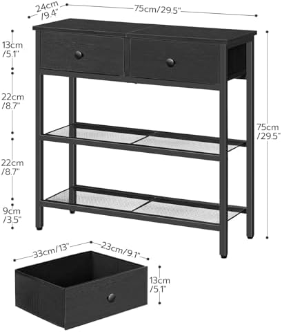 HOOBRO 29.5" Narrow Console Table with 2 Fabric Drawers, Sofa Table, Small Entryway Table with 3-Tier Storage Shelves, Behind Couch Table, for Living Room, Hallway, Black BB72XG01