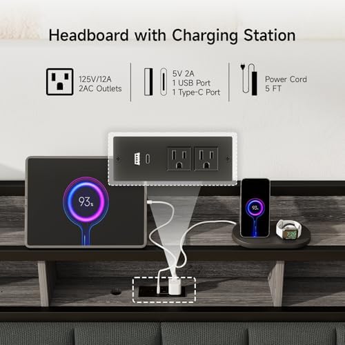 Queen Headboard Only with Storage, Charging Station, Black & Grey