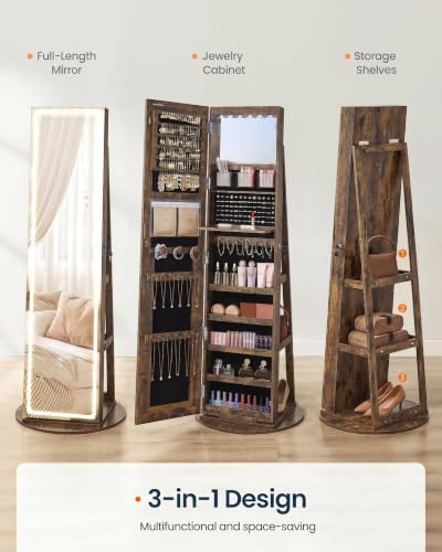 SONGMICS HOME LED Standing Jewelry Armoire, Vanity Mirror with Storage | Full Length Mirror with Lights, Lockable Large Jewelry Box, Space-Saving Jewelry Organizer, Rustic Brown UJJC008X01SH